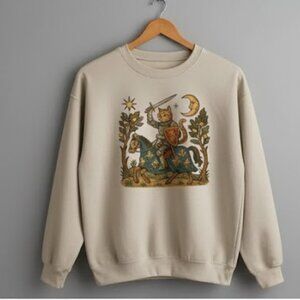 Medieval Knight Cat Sweatshirt, Fantasy Knight On Horse Crewneck Shirt